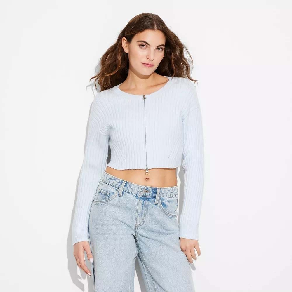 Wild Fable Women's Ribbed Cropped Zip Up Sweater Long Sleeve‎ Light Blue Size L